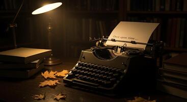 An old typewriter sits on a table with a lamp photo