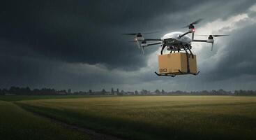 A drone flying over a field with a box on it photo