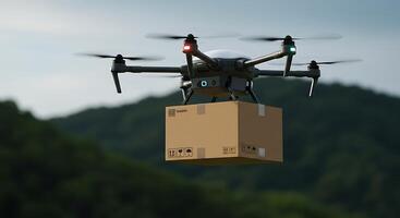 A drone is flying over a box with a forest in the background photo