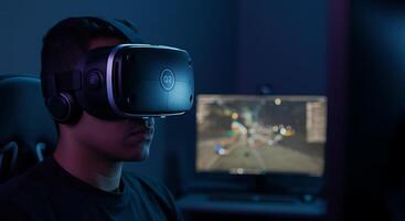 A man wearing a vr headset in front of a computer screen photo
