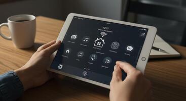 A person using an ipad to control a smart home device photo