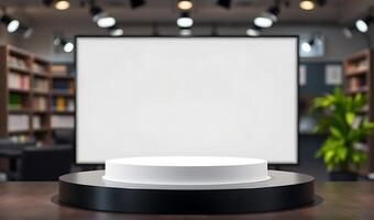 An empty white podium in front of a library photo