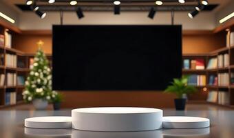 Empty podium with christmas tree and bookshelf in the background photo