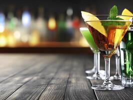 Three different types of alcoholic drinks on a wooden table photo