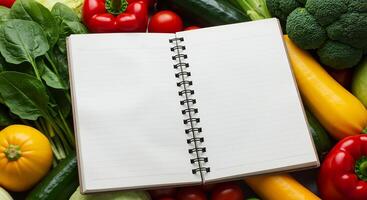 A notebook with a blank page surrounded by vegetables photo