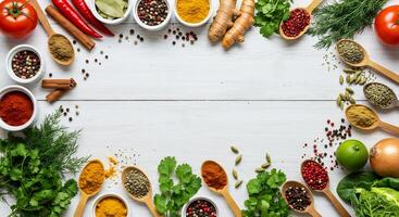 A circular frame with various spices and herbs photo