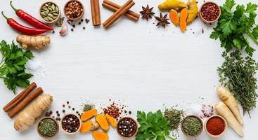 Various spices and herbs arranged in a circle on a white table photo