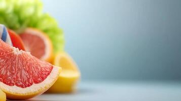 Grapefruit, lemon, and other fruits are arranged on a table photo