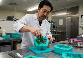 A man in a lab coat is making something in a container photo
