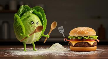A hamburger and a cabbage are standing next to each other photo