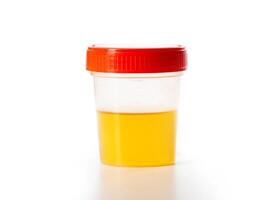 Urine analysis on a white background, isolate. Urine examination in urology for cystitis and pyelonephritis. Bacteria and leukocytes in urine, close-up photo