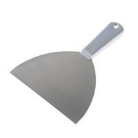 Stainless steel putty knife with green handle isolated on white background photo