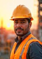 Portrait of handsome construction worker wearing orange vest and yellow helmet, working people, engineer photo