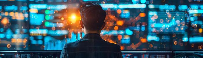 Data analyst engineer monitoring screen system software technology control center person back view analyzing information digital interface design photo