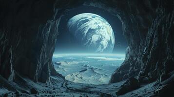 Earth view from cave moon landscape planet space travel concept sci-fi fantasy abstract environment cosmic scene futuristic background. photo