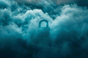 Cloud security padlock protection concept cyber data safety privacy network technology digital abstract blue sky fog. photo