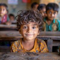 Child portrait closeup classroom setting school education children learning happy kid smiling face childhood development global diversity. photo