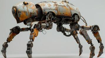 Robot spider drone machine rusty metal weathered texture futuristic technology ai concept automation industrial 3d render design photo