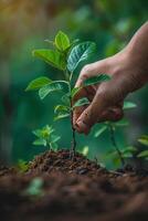 Hand planting sapling tree nature growth concept environment sustainability ecology green earth conservation reforestation project future. photo