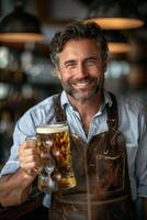 Smiling man beer mug toast cheers celebration bar pub social gathering culture global trend photo