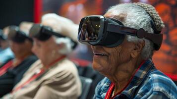 Senior woman in VR headset virtual reality fun experience technology entertainment digital simulation photo