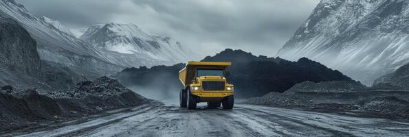 A dump truck driving down a road in front of mountains photo