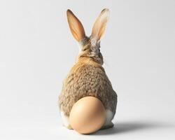 A rabbit with long ears sits on a large egg against a plain white backdrop. photo