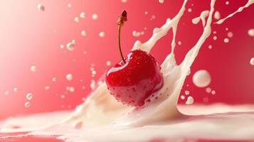 A juicy cherry splashes into creamy milk, creating a vibrant and refreshing scene. photo