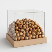 A clear glass box filled with a large quantity of hazelnuts on a wooden base. photo