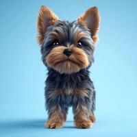 Adorable Yorkshire Terrier puppy with big eyes stands on a light blue background. photo