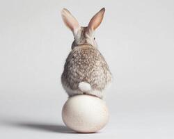 Adorable bunny perched on a large egg with a plain background, evoking a sense of curiosity and whimsy. photo
