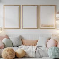 Cozy minimalist living room with pastel cushions and framed artwork, creating a serene atmosphere. photo