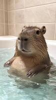 Capybara relaxing in a bathtub, showcasing its calm demeanor in cozy bathroom setting. photo