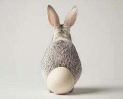 Cute rabbit with an egg sitting in a minimalistic studio setting. photo