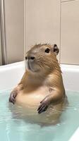 Adorable capybara enjoying a relaxing soak in a bathtub. photo