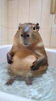 Adorable capybara enjoying a relaxing bath in a white tub. photo