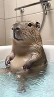 Adorable capybara enjoys a relaxing bath in a white tub, showcasing its calm demeanor. photo