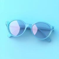 Stylish transparent sunglasses on a soft blue background, reflecting pastel hues. photo