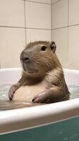 A relaxed capybara enjoys a warm bath in a tiled bathroom setting. photo