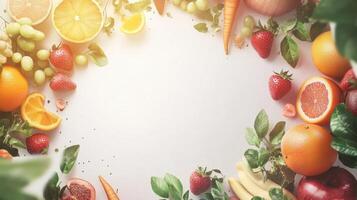 A vibrant assortment of fresh fruits and vegetables on a white background, creating a colorful and healthy border. photo