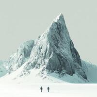 Two figures walk towards a towering, snowy mountain peak, capturing the essence of solitude and adventure. photo