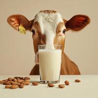 Cow with glass of milk and almonds, showcasing dairy and plant-based options. photo
