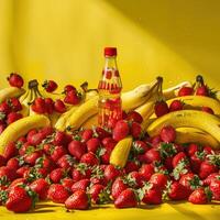 Vibrant display of strawberries and bananas with a bottle of sparkling beverage on a bright yellow background. photo