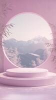 Serene pink landscape with a mountain view through a circular window, evoking tranquility. photo