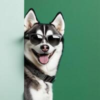 Siberian Husky wearing sunglasses poses against a vibrant green backdrop. photo