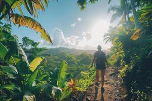 Woman hiking through lush tropical jungle with sunlight streaming through the trees. photo
