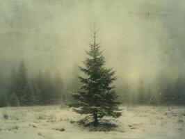Solitary evergreen stands resilient in a wintry, fog-laden landscape. photo