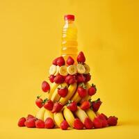 Vibrant arrangement of bananas and strawberries with orange juice against a yellow background. photo