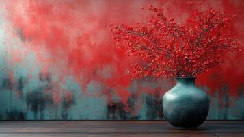 Vibrant red blossoms in a teal vase against a textured, artistic background. photo