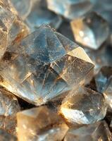 Close-up of sparkling, translucent blue crystals with light reflections. photo